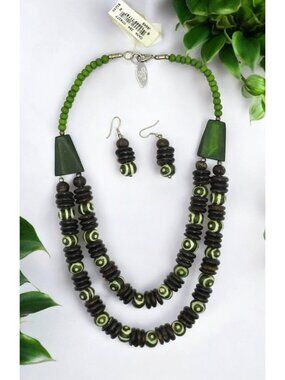 Cara NY Green White Ceramic & Coconut Wood Bead Statement Necklace Earring Set